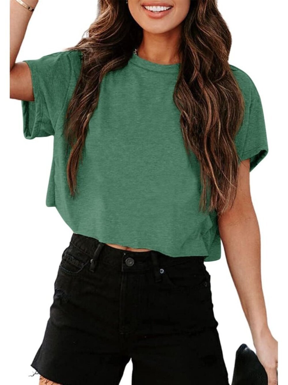 Women's Dark Green Short Sleeve Crew Neck Loose Casual Drop Shoulder Crop Tops